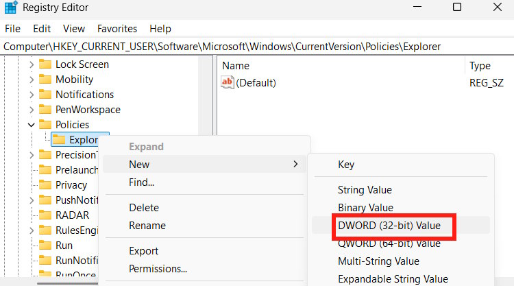 Tạo giá trị mới cho khóa Explorer