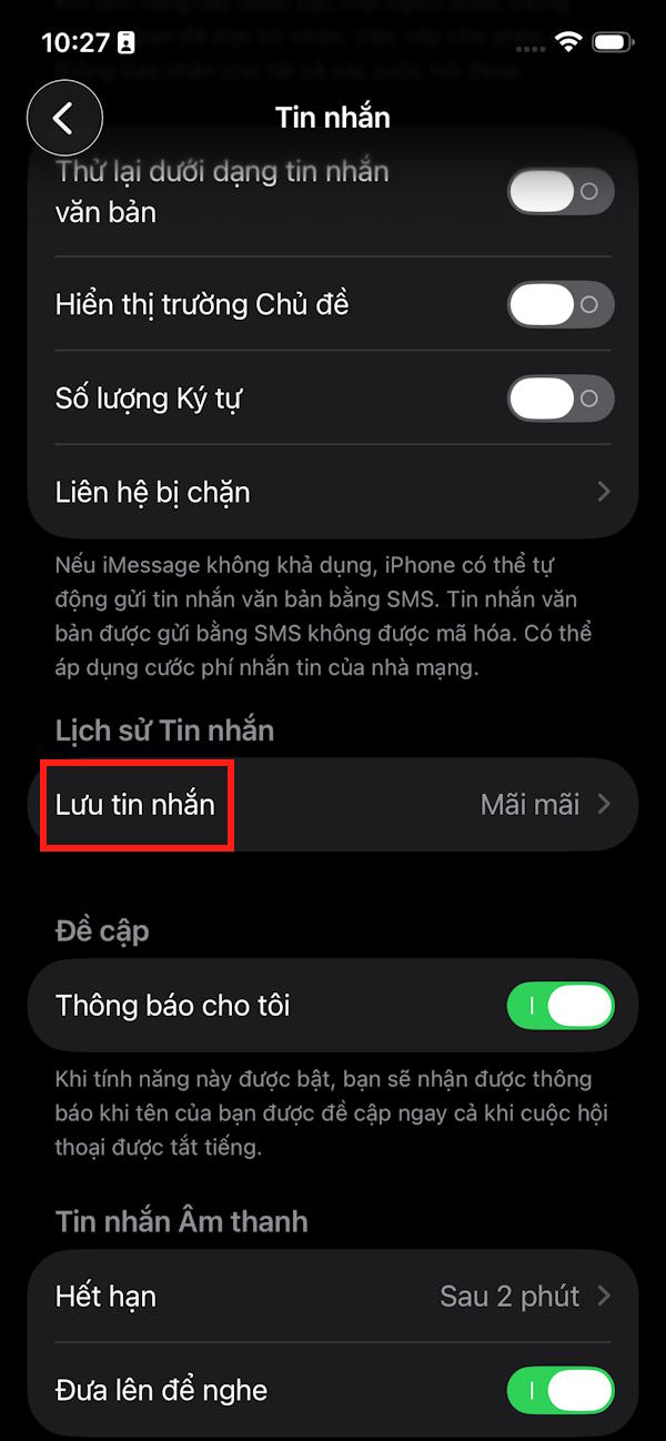 Tùy chỉnh giữ tin nhắn iMessage