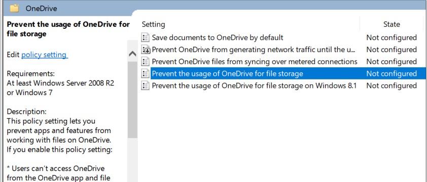 Chỉnh Prevent the usage of OneDrive for file storage