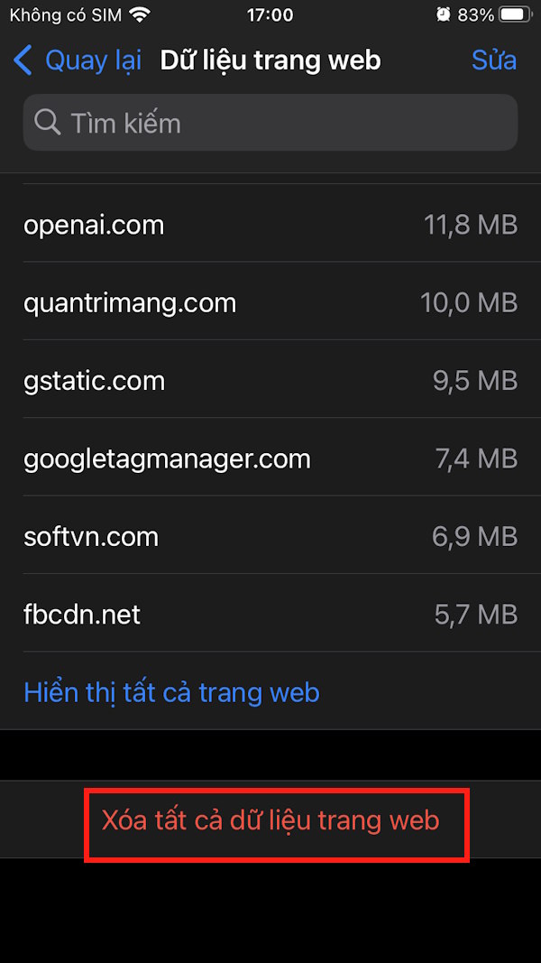 Xóa dữ liệu web trên Safari