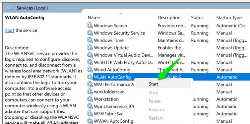 Khởi động service WLAN AutoConfig trong Windows
