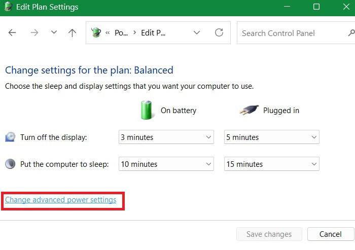 Tùy chọn Change Advanced power settings hiển thị trong Edit Plan Settings
