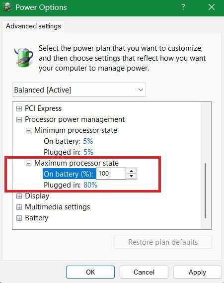 Maximum Processor State được đặt ở mức 80%, thay đổi từ mức mặc định 100%