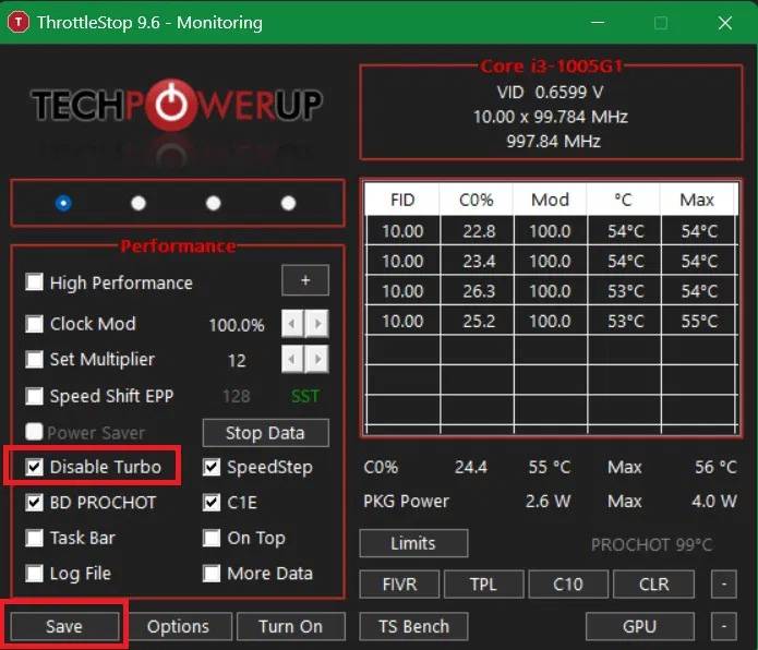 Disable Turbo đã được bật trong công cụ giám sát Throttlestop