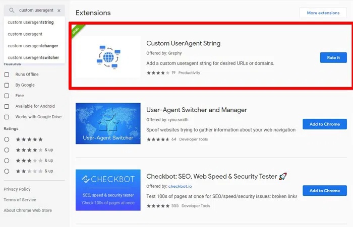 Cài đặt Custom UserAgent String từ Chrome Web Store