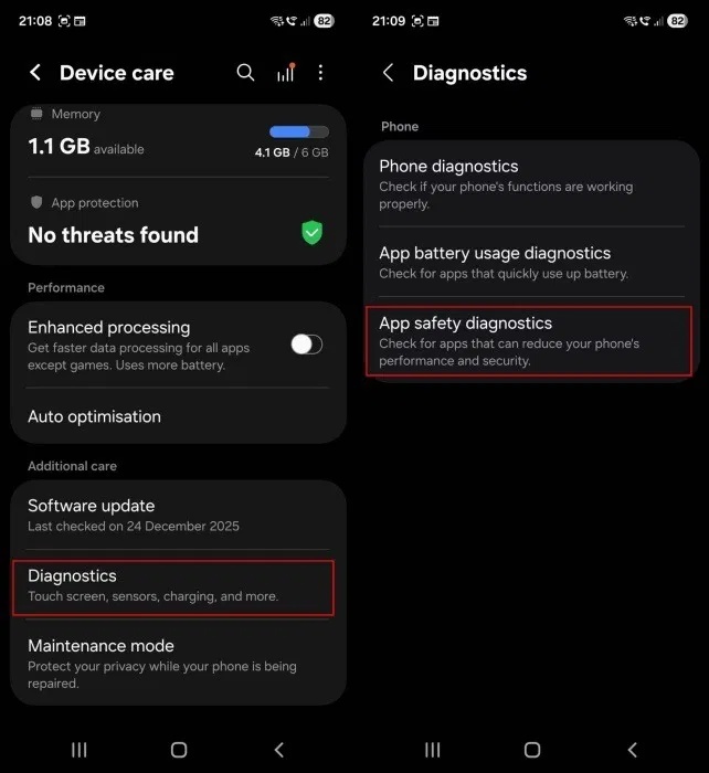 Truy cập các tùy chọn Diagnostics trong cài đặt Samsung Galaxy.