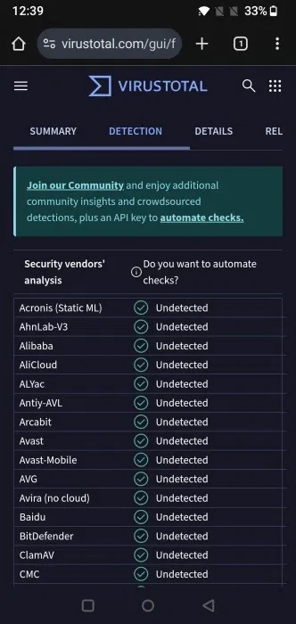 Quét APK bằng VirusTotal trên điện thoại Android.
