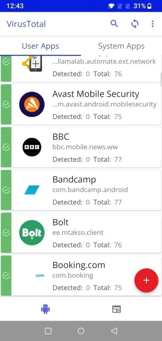 VirusTotal trên Android quét các ứng dụng đã cài đặt.