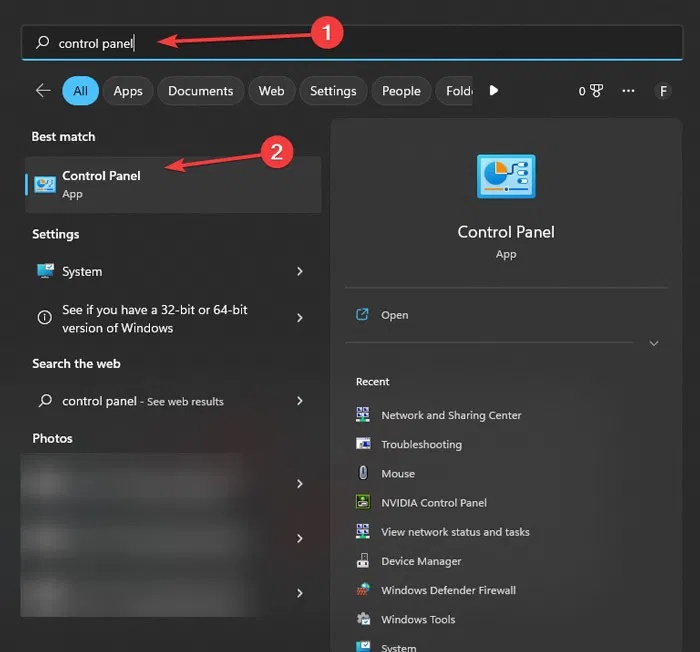 Gõ “Control Panel” vào ô tìm kiếm của Windows