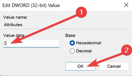 Thay đổi dữ liệu giá trị cho key “Attributes” trong Registry Editor.