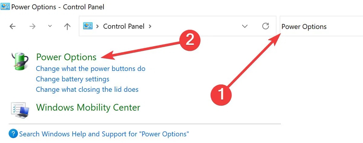 Tìm kiếm “Power Options” trong Control Panel.