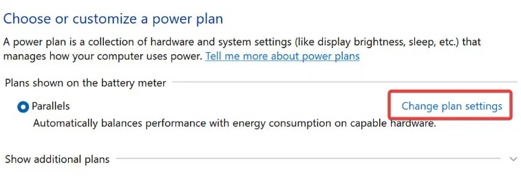 Nhấp vào tùy chọn “Change plan settings” trong Control Panel.
