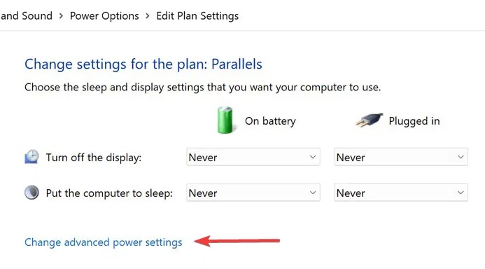 Tùy chọn “Change advanced power settings” trong Control Panel.