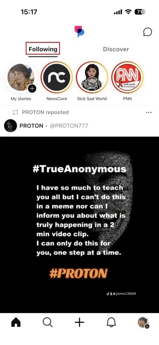 Xem Stories trong bảng tin Following trên ứng dụng UpScrolled.