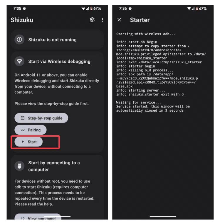 Khởi động Shizuku