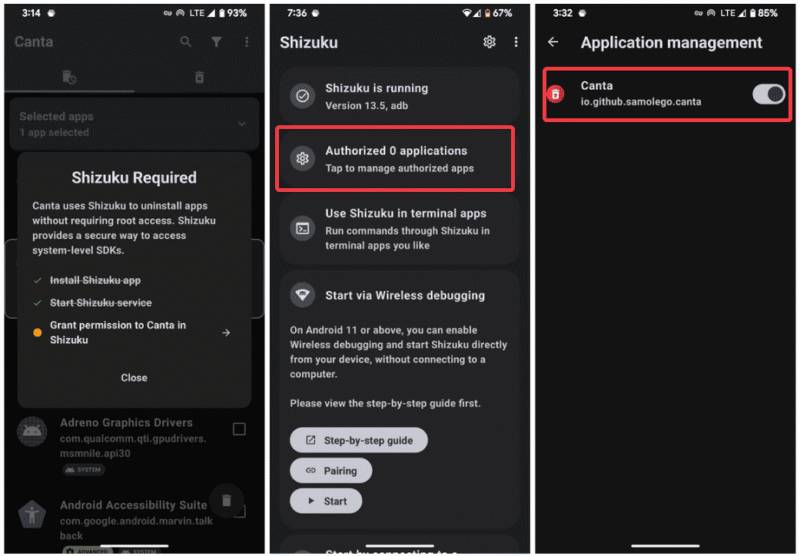 Bật quyền ứng dụng cho Canta trong Shizuku