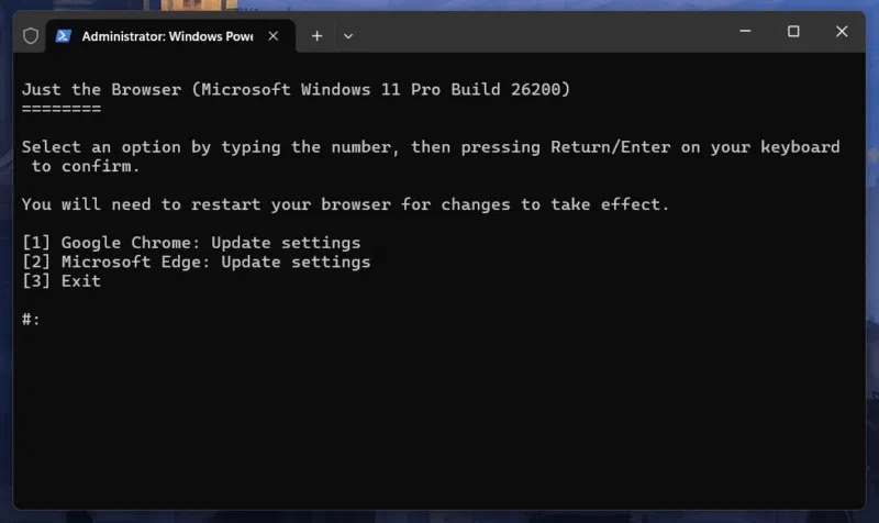 Menu đơn giản của Just The Browser trong PowerShell