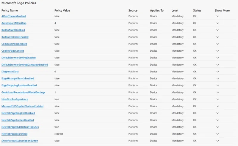 Danh sách các policy của Microsoft Edge