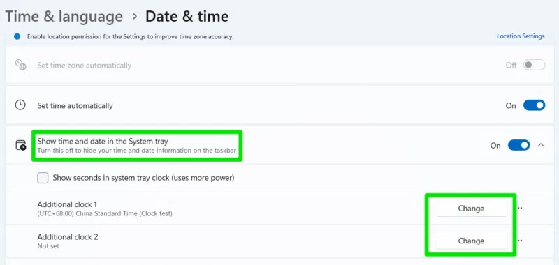 Đồng hồ phụ trong Settings Windows 11