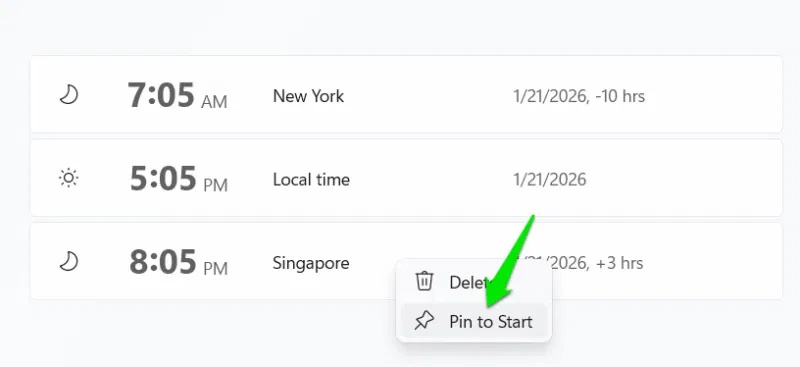 Ghim múi giờ vào menu Start
