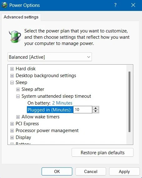 Thay đổi tùy chọn System unattended sleep timeout