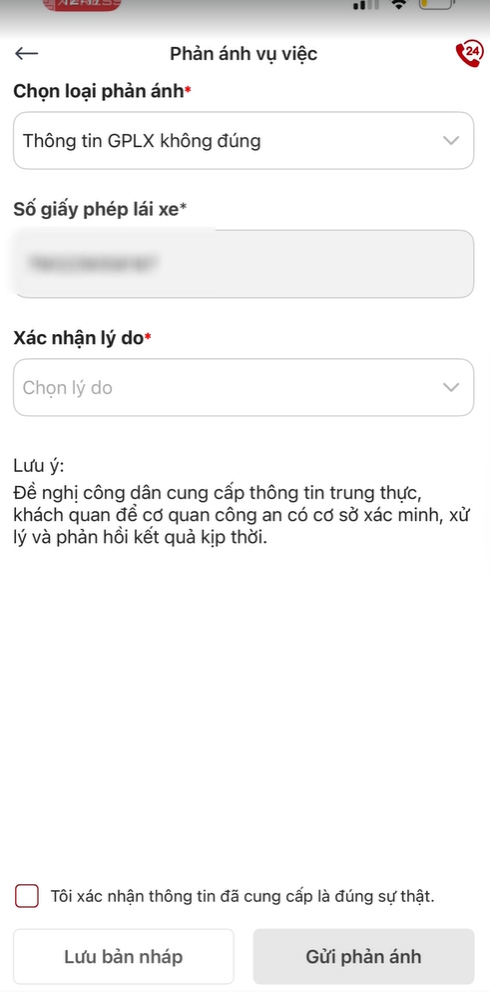 Nội dung phản ánh GPLX trên VNeTraffic