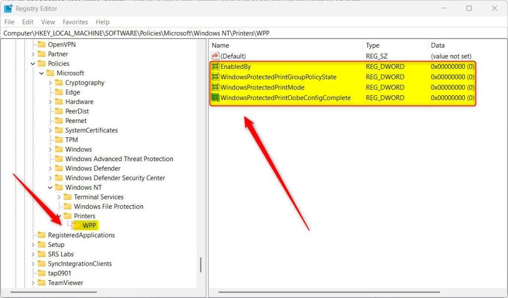 Bật chế độ Protected Print qua Registry Editor