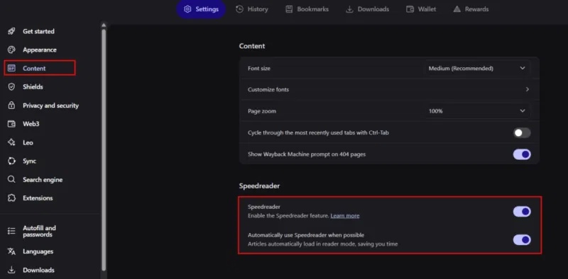 Bật Speedreader trong trình duyệt Brave trên PC.