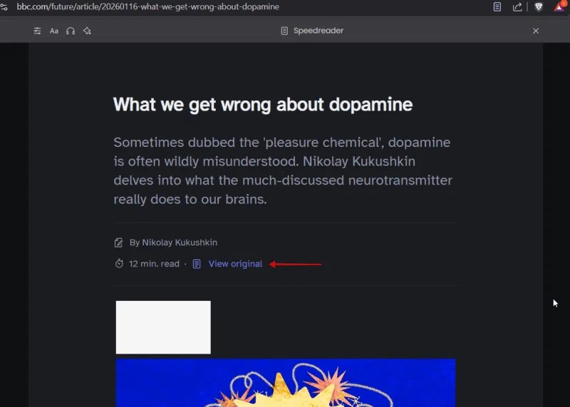 Nhấn vào tùy chọn View original trong trình duyệt Brave khi đang xem bài viết.