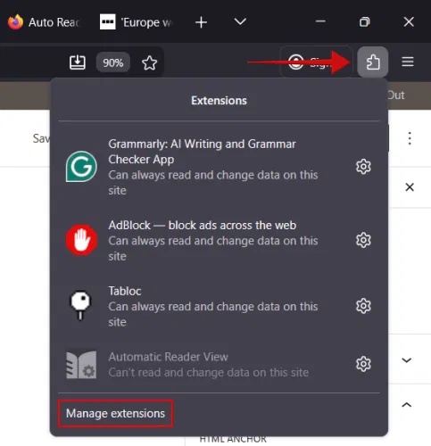 Nhấn vào tùy chọn Manage extensions trong trình duyệt Firefox.