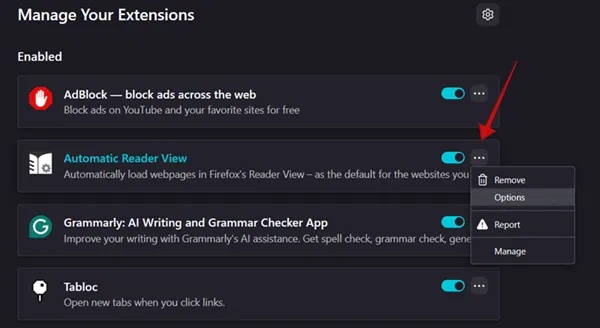 Nhấn vào ba dấu chấm cho tiện ích mở rộng cụ thể trong Firefox trên PC.
