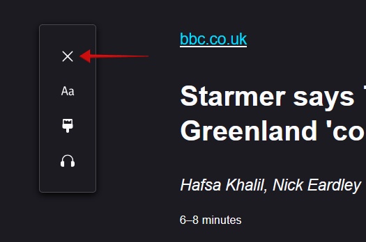 Nhấn vào nút X để quay lại chế độ xem bình thường cho bài viết khi sử dụng Reader Mode của Firefox.