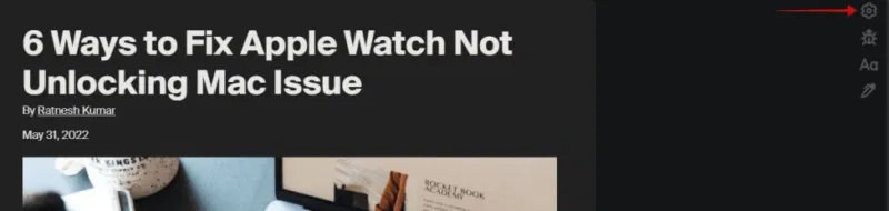 Nhấp vào biểu tượng bánh răng trong trình duyệt Chrome khi sử dụng tiện ích mở rộng Unclutter.