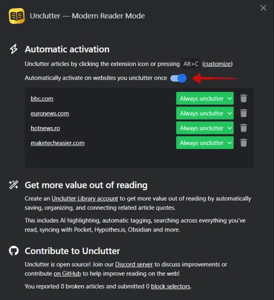 Bật tùy chọn Automatically activate on webpages you unclutter once cho tiện ích mở rộng Unclutter trong Chrome.