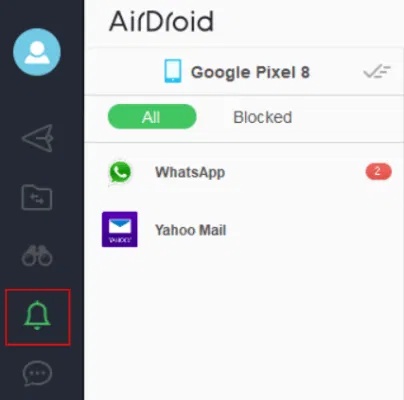 Nhấn vào nút Notifications trong AirDroid.