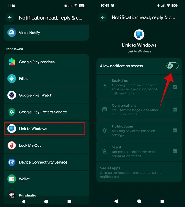 Bật Allow notification access cho ứng dụng Link to Windows trên Android.
