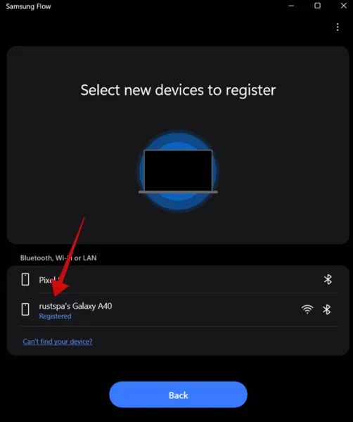 Hình ảnh điện thoại Samsung Galaxy trong ứng dụng Samsung Flow trên Windows.