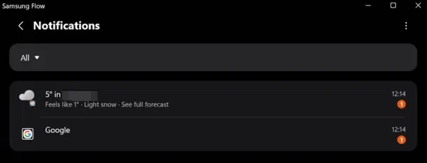 Nhấp vào tùy chọn Notifications trong ứng dụng Samsung Flow trên Windows.