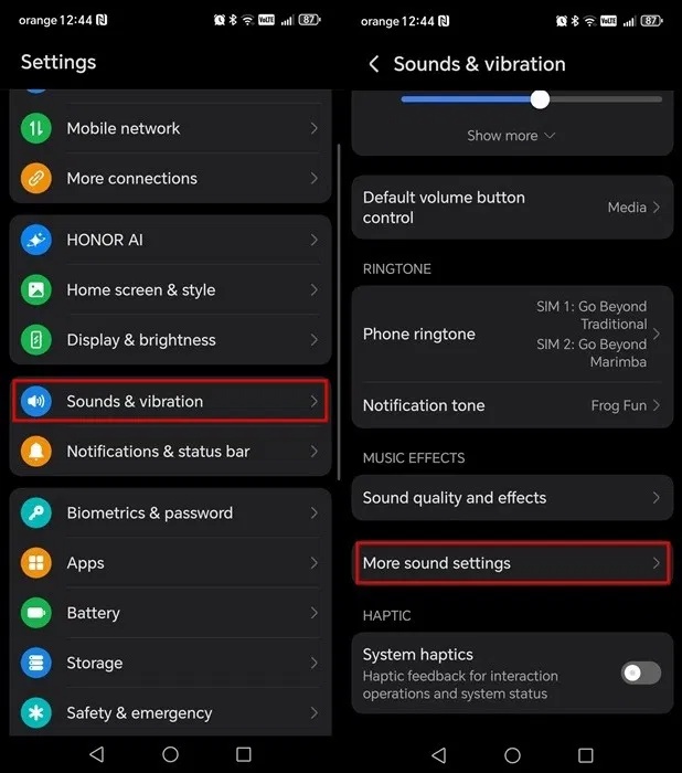 Vào More sound settings trên điện thoại Honor.
