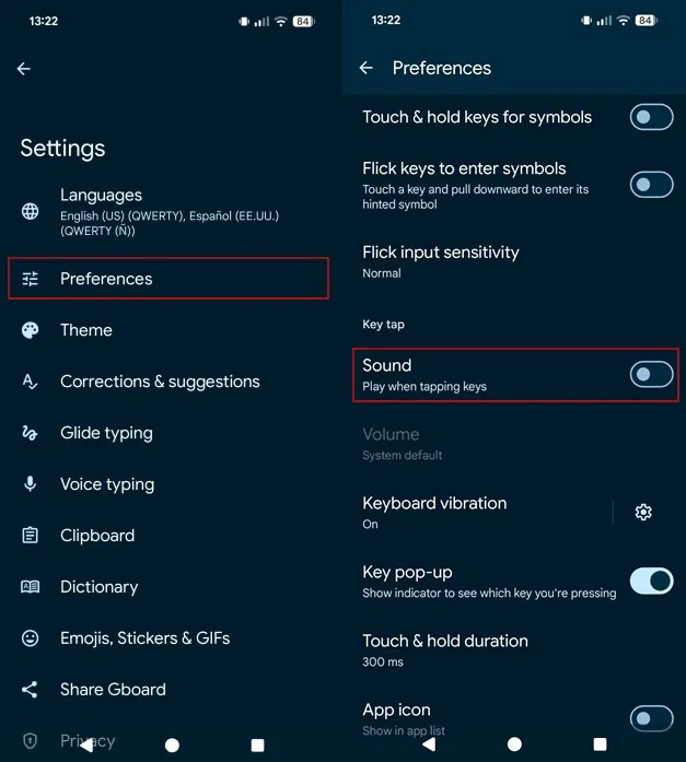 Tắt Sound từ Preferences trong Settings Gboard trên Android.