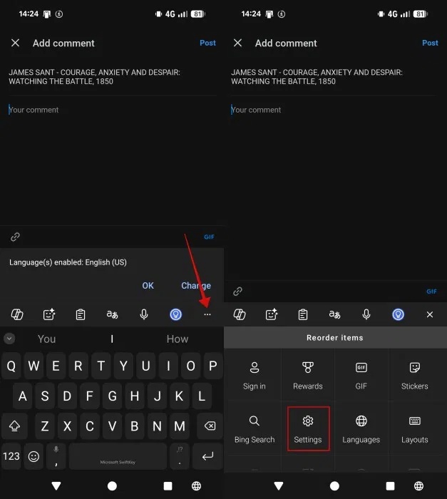 Truy cập Settings trong ứng dụng SwiftKey trên Android.