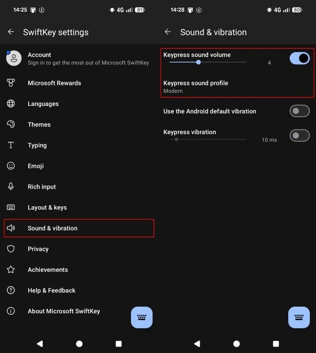 Điều chỉnh âm lượng âm thanh khi nhấn phím trong ứng dụng SwiftKey trên Android.