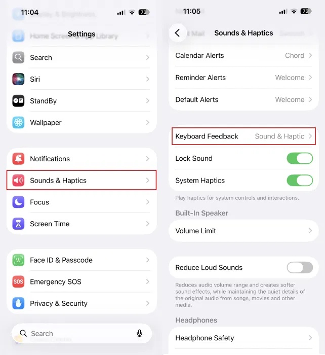 Điều hướng đến Keyboard feedback trong Settings iPhone.