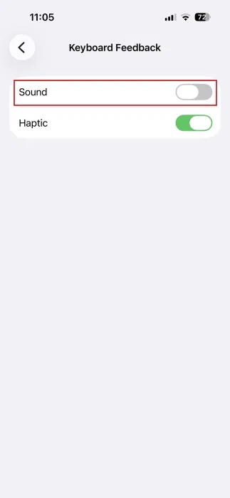 Tắt Sound cho bàn phím trong cài đặt iPhone.