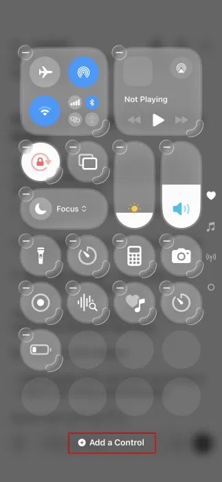 Nhấn vào tùy chọn Add a Control trong Control Center trên iPhone