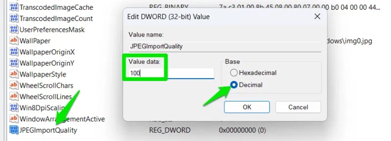 Chọn chất lượng hình nền 100% trong Registry