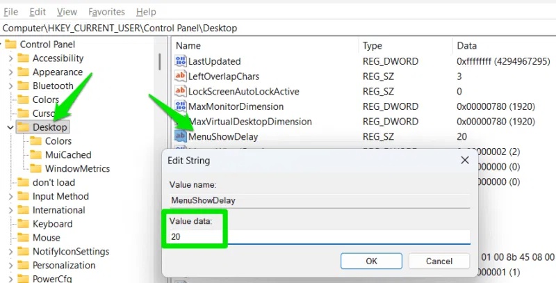 MenuShowDelay được đặt thành 20 trong Registry