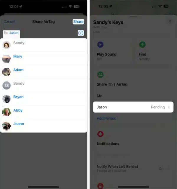 Chọn liên hệ chia sẻ AirTag