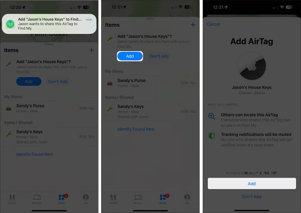 Chấp nhận lời mời chia sẻ AirTag
