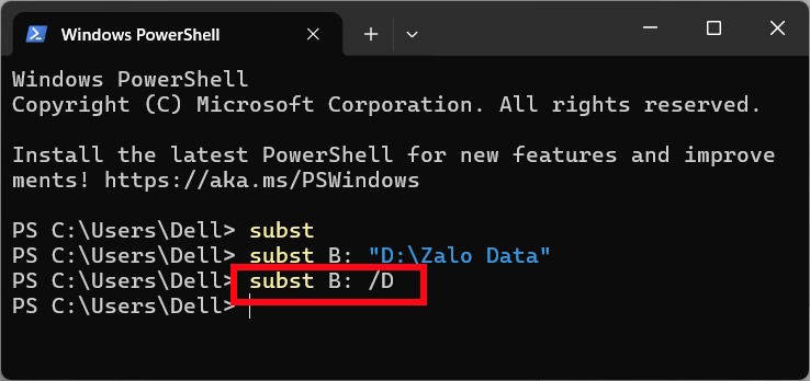 Gỡ ổ đĩa gán cho thư mục trên Windows Terminal